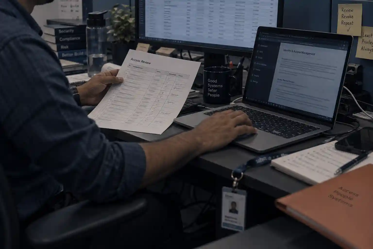 A security assessor reviewing printed access-review evidence