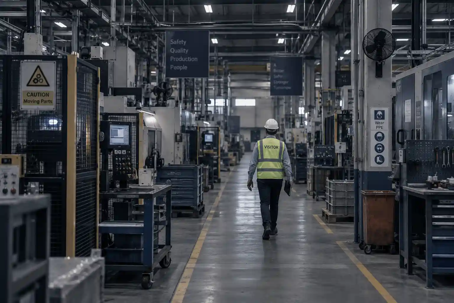 An auditor walking the central aisle of a working factory