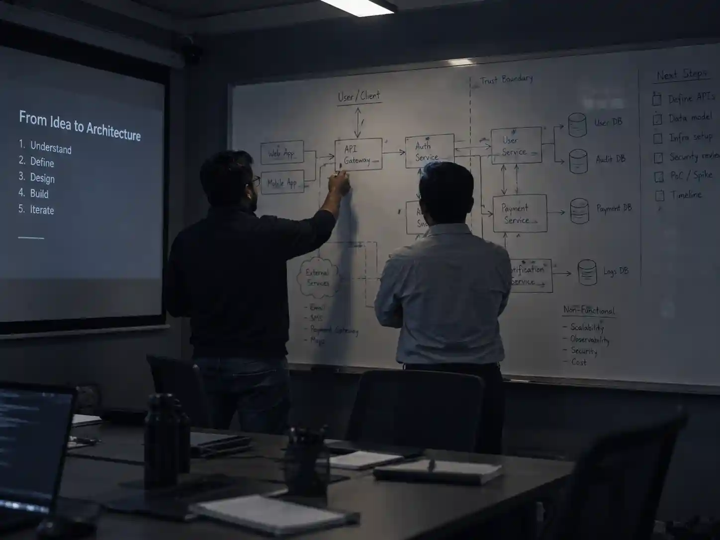 Scoping workshop mapping systems and data flows on a whiteboard