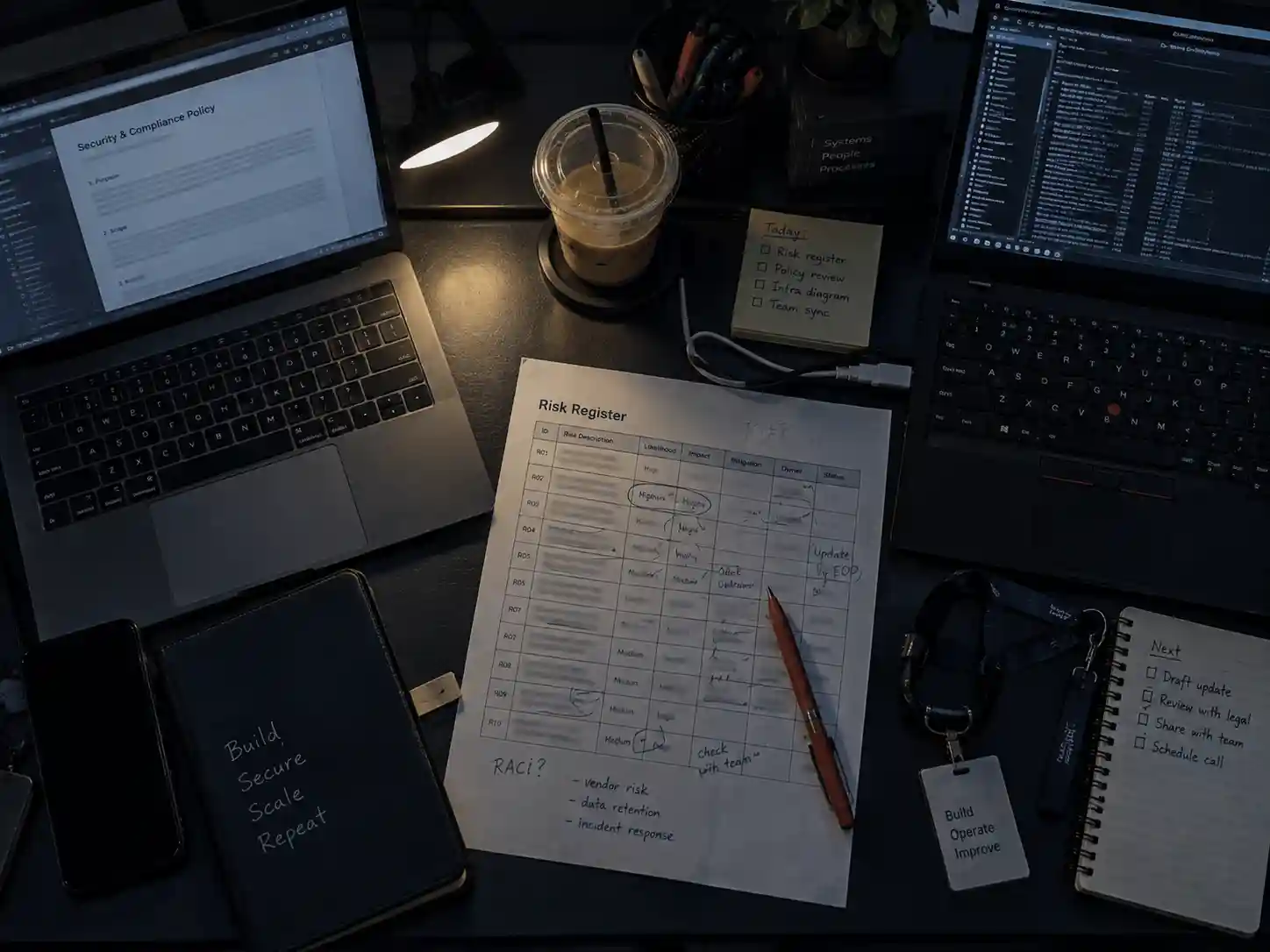 A risk register marked up by hand beside two laptops