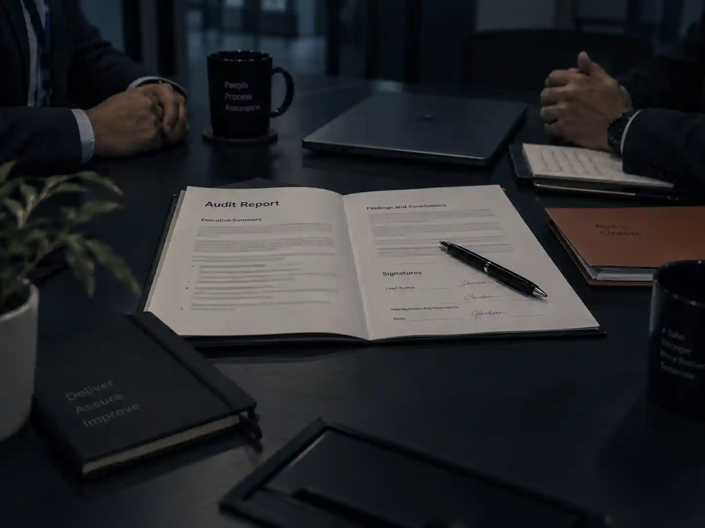 A printed audit report open at the signature page
