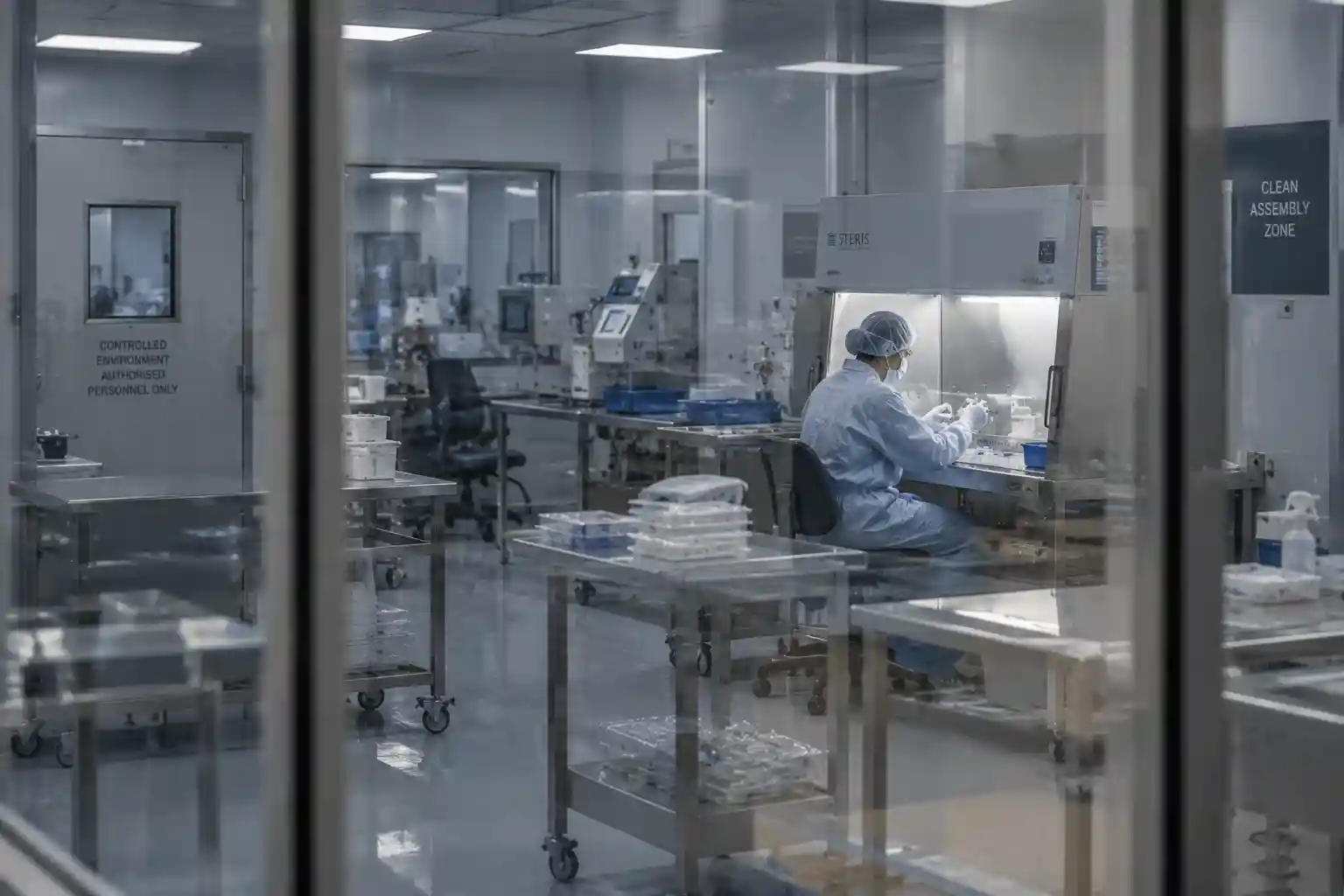 Medical device assembly in a controlled cleanroom environment