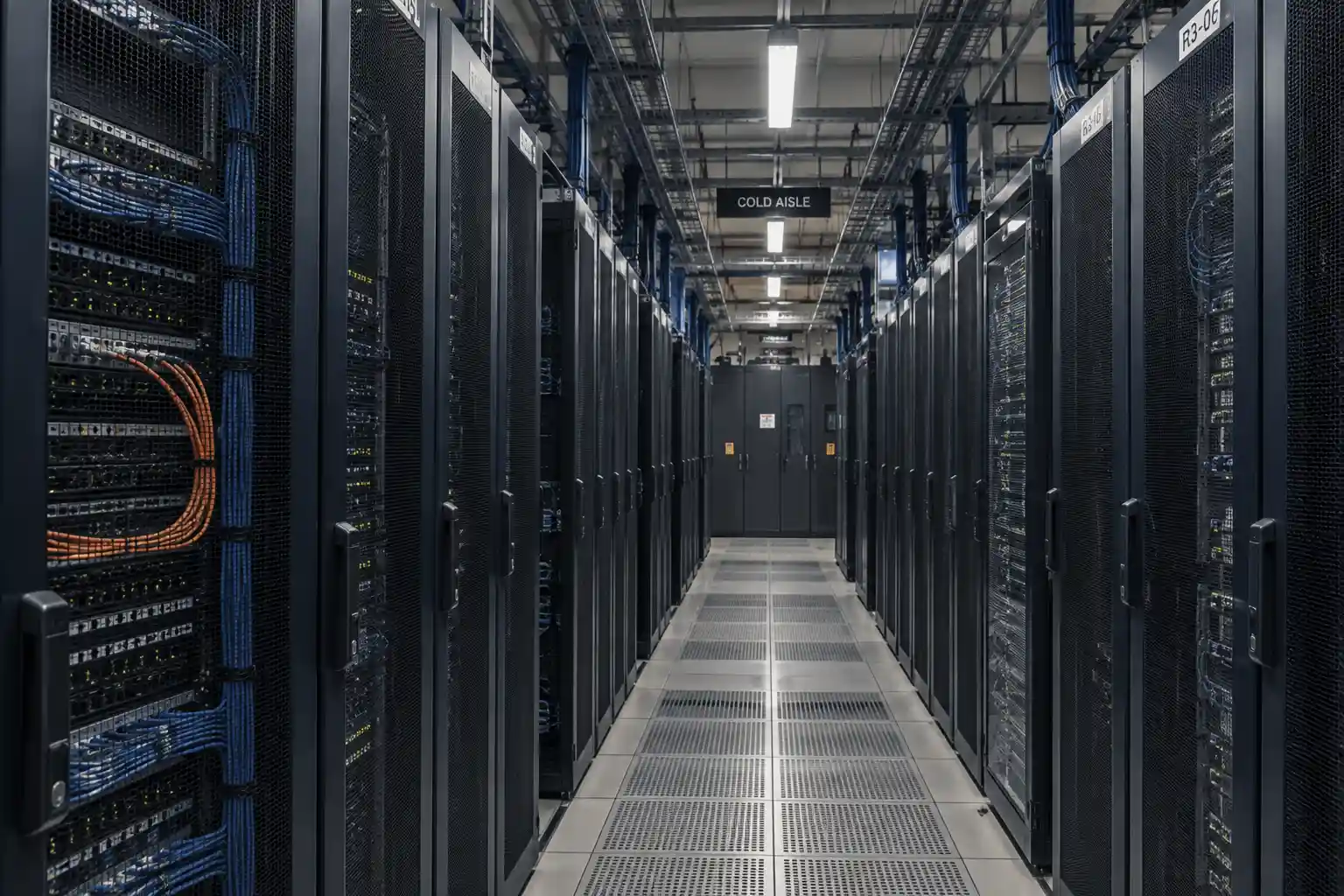 Data centre cold aisle during a physical security walkthrough
